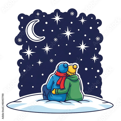 A couple sitting on snowy ground at night, admiring the moonlit winter sky.