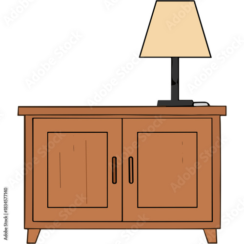 A Light Brown Wooden Cabinet With Two Doors Topped By A Simple Beige Lampshade On A Black Base With A White Object Beside It Illuminated By A Soft Light Against A Black Background
