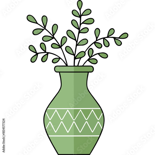 A minimalist illustration of a light green vase with a decorative white zigzag pattern filled with green branches and leaves against a black background