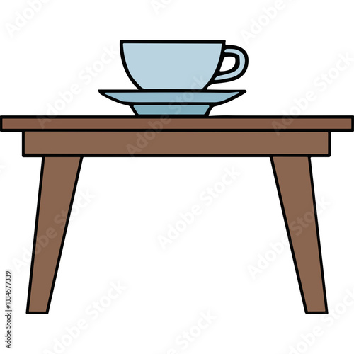 A minimalist illustration of a light blue teacup and saucer resting on a simple brown wooden table with four brown legs against a plain black background ideal for modern graphic design applications.