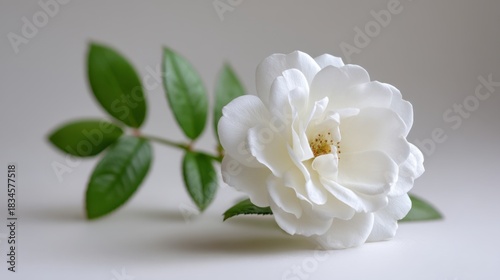 Elegant white flower with delicate petals and lush green leaves, showcasing nature's beauty against a soft neutral background, perfect for floral themes