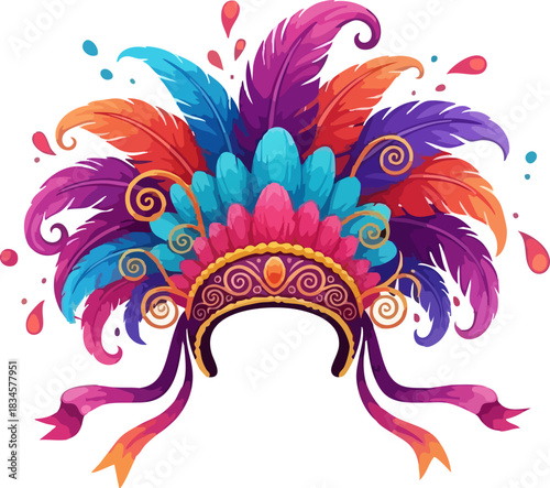 A vibrant and ornate carnival headdress with colorful feathers, intricate gold details, and flowing ribbons.