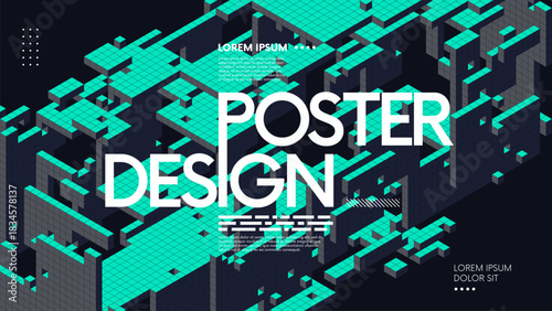 Futuristic structured composition with volumetric layers of geometric voxels arranged in axonometric projection. Complex geometric structure for futuristic digital artwork. Cyberspace poster template