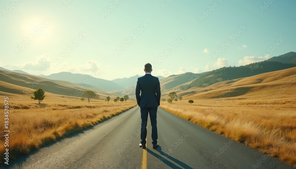 Naklejka premium Man in suit stands on road, mountains behind. He faces crossroads, multiple paths ahead. Decision point for future career journey, new opportunities await.