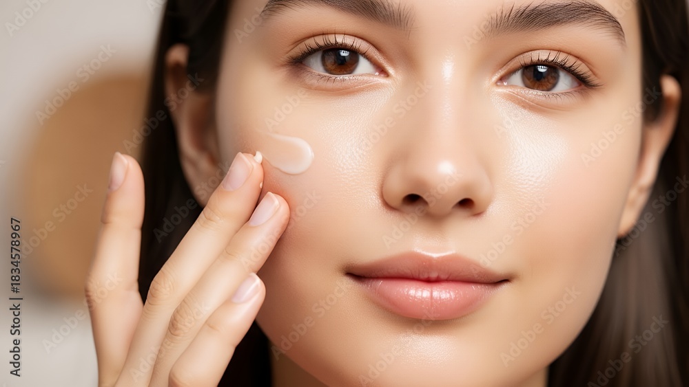 Obraz premium Young Woman Applying Skincare Cream on Face Closeup in Bright Modern Setting