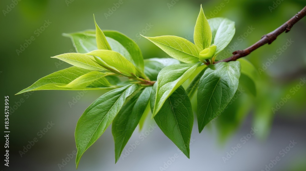 Fototapeta premium Fresh and Vibrant Green Leaves on a Branch with Soft Background in Nature, Symbolizing Growth, Renewal, and the Beauty of Springtime