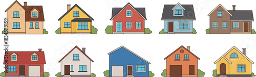 Isolated collection of cartoon homes. Simple urban homes. Real estate, property, and ownership concepts