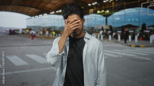 Billede på lærred Man with hand covering face and closed eyes at airport terminal crosswalk, waiting by curbside and crowds; fatigue