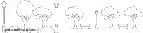 Park features, such as trees, plants, benches, and street lighting, are shown in this minimalistic outline vector illustration.