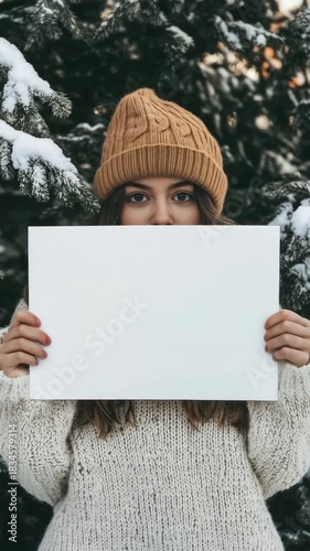 Woman in winter clothing holding a blank sign mockup in a snowy forest.