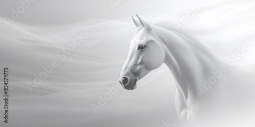White horse head emerging from soft flowing lines and abstract shapes in cloud dancer color for modern design. Cloud Dancer Color of the Year 2026