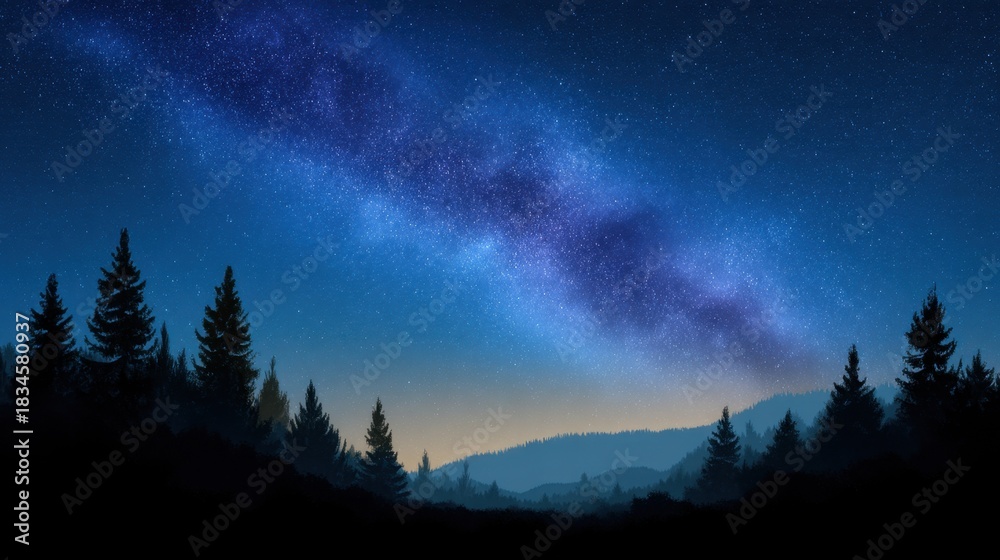 Fototapeta premium Serene Night Sky with Milky Way Above Dark Silhouetted Forest Landscape and Mountain Range in Background during Clear Twilight Hours