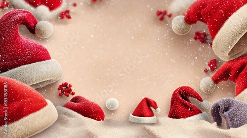 Festive Christmas Border with Santa Hats, Berries, and Snowflakes on a Sandy Beige Background, Holiday Season Decoration with Copy Space, High Detail