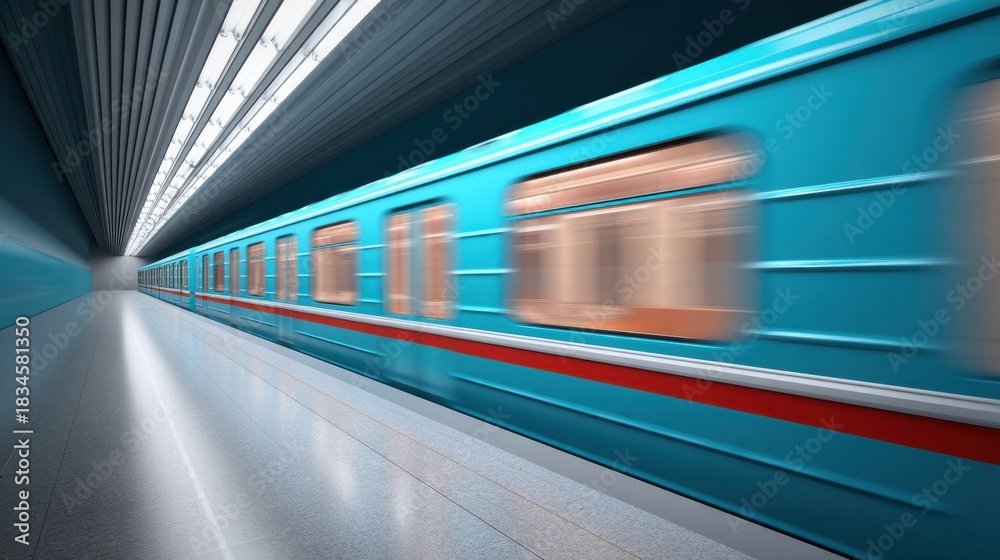 Fototapeta premium Blue Subway Train in Motion at Modern Urban Station with Sleek Design and Futuristic Ambiance Capturing a Dynamic Public Transport Scene