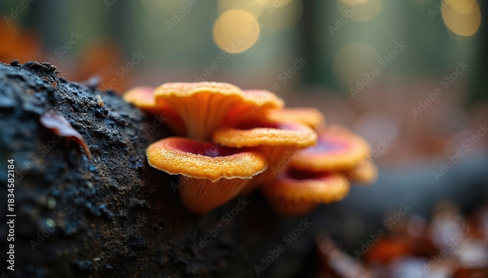 Naklejka premium Orange cluster mushrooms grow on a dark forest log. Small caps have gills underneath. Soft bokeh background with light circles. Autumn forest setting.