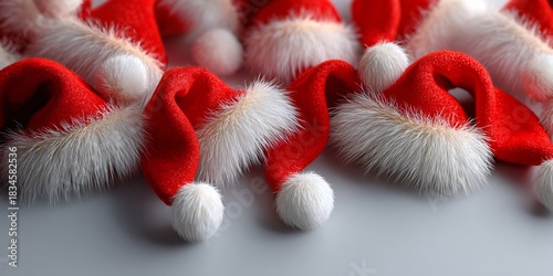 Festive arrangement of multiple Santa Claus hats with fluffy white trim, showcasing a variety of textures and vibrant red colors, perfect for holiday decor