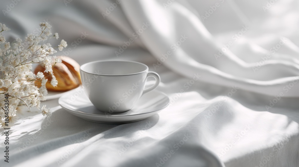 Fototapeta premium Elegant morning scene featuring coffee cup, pastry, and delicate baby's breath