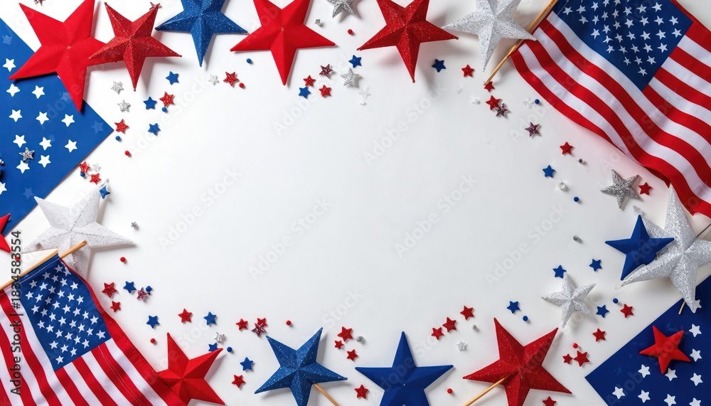 Obraz premium US flags and red white blue stars border composition on white background. Patriotic stars confetti scattered around. July fourth celebration event concept.