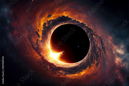 Black hole, stars and cloud fields in outer space. planetary nebula. Nebula in outer space, galaxy. Beautiful space neon abstract background. 3D illustration. High quality ai generated illustration