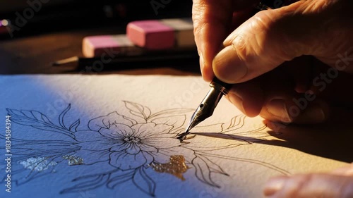 Hand drawing delicate floral illustration with fountain pen on textured paper artistic creation process
