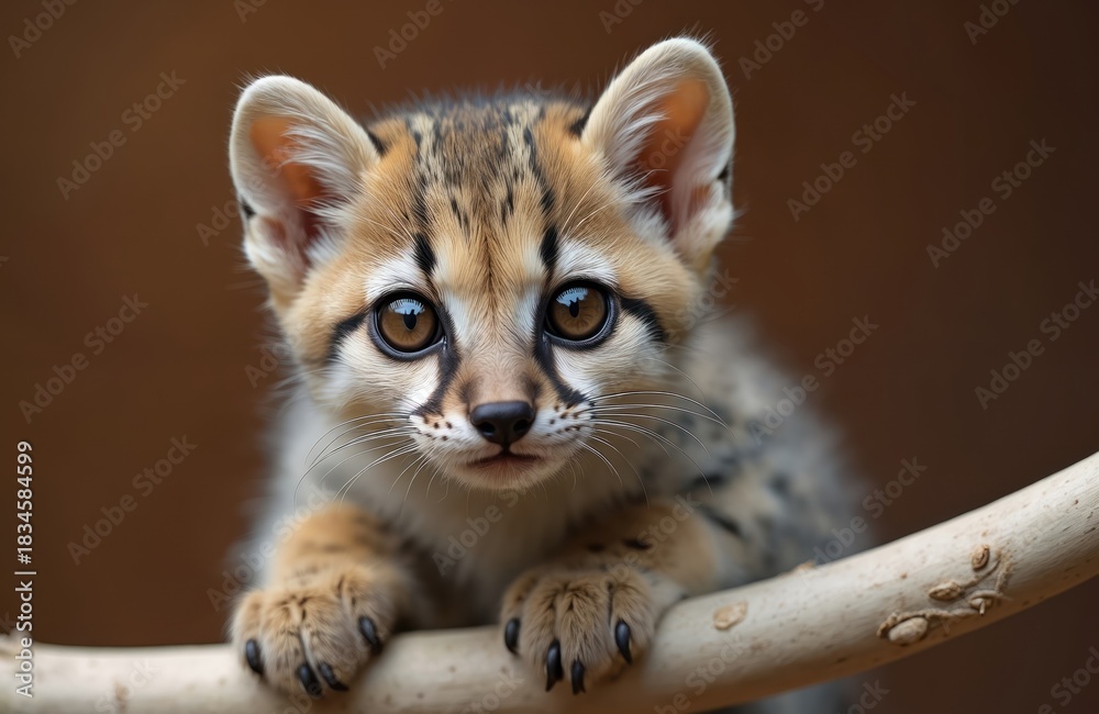 Obraz premium Cute spotted genet kitten with big eyes looks directly at camera. Small wild feline rests on tree branch. Young carnivore native to Europe has soft fur.