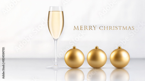 Minimalist Merry Christmas scene with champagne glass and golden ornaments.
