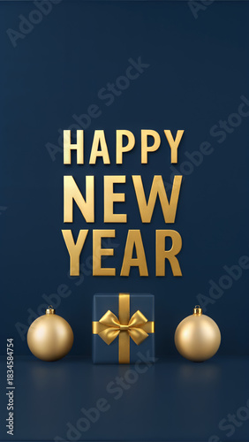 Elegant Happy New Year greeting with golden ornaments and gift box on blue background.