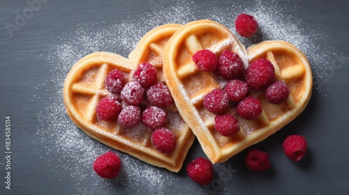 Wallpaper Mural Heart-Shaped Waffles Topped with Fresh Raspberries and Dusting of Powdered Sugar on Dark Background Torontodigital.ca