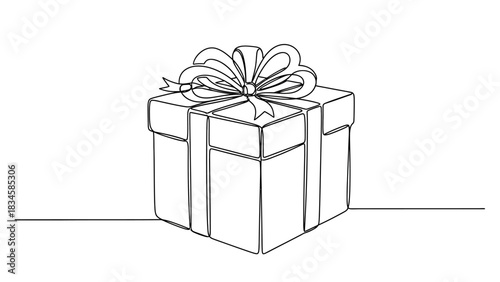Minimalist line drawing of gift box with ribbon isolated on white background