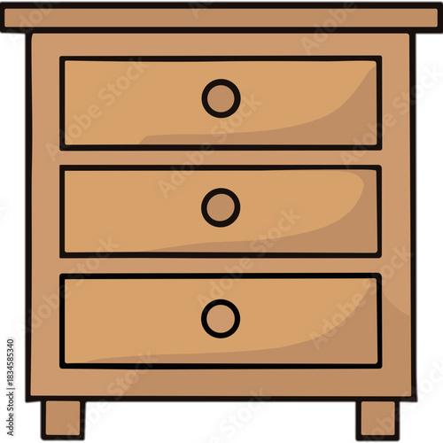 A simple hand-drawn wooden nightstand with three drawers and round knobs on a white background with a shadow