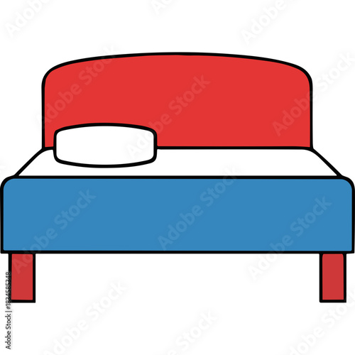 A simple illustration of a bed with a red headboard and blue frame featuring a white pillow and red legs on a black background