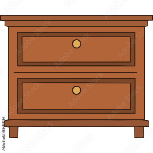 A simple illustration of a brown wooden two-drawer nightstand with gold knobs and a rectangular silhouette on a black background