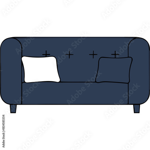 A Simple Illustration of a Dark Blue Two-Seater Sofa with Two Cushions One White One Blue Set Against a Plain Black Background With No Logos or Watermarks
