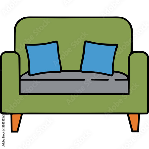 A simple illustration of a green couch with two blue cushions and orange legs on a black background presented in a minimalist style