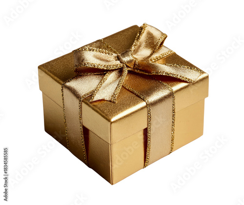 A gold gift box with a bow ribbon