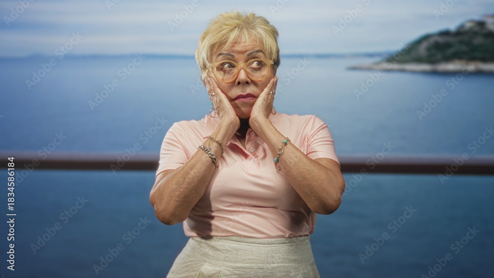 Fototapeta premium Senior hispanic woman wearing glasses presses her cheeks with both hands in a surprised gesture on a studio seascape set; surprise.