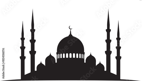 Silhouette of a mosque with a large dome and minarets
