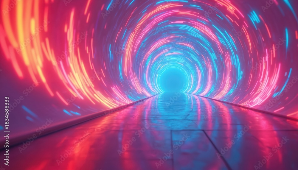 Fototapeta premium Abstract glowing tunnel with pink and blue neon light streaks. Light waves move in circular motion creating futuristic perspective. Dark floor reflects colorful energy.