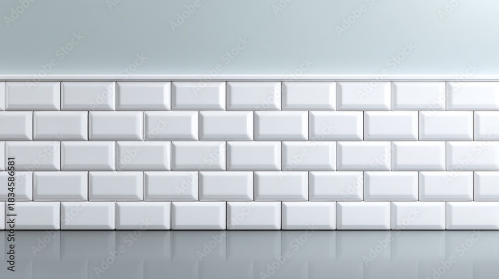 Fototapeta premium Smooth White Subway Tile Wall with Reflective Surface, Ideal for Modern Kitchen or Bath Interiors, Bright and Clean Look for Stylish Spaces