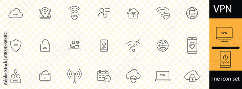 VPN line icon set. Containing secure connection, cybersecurity, privacy, encrypted, proxy, firewall, online protection and more.