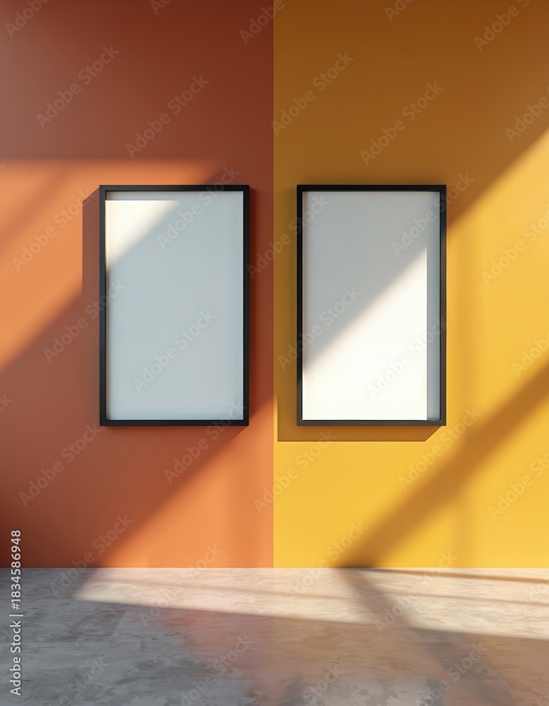 Fototapeta premium Two blank picture frames hang on a two-tone wall. Sunlight casts dramatic shadows across the orange and yellow surfaces. This interior scene offers ample space for custom graphics or text.