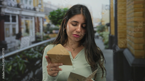 Φωτογραφία Hispanic woman standing outdoors on a city street, holding cards with a sad expression, surrounded by urban environment