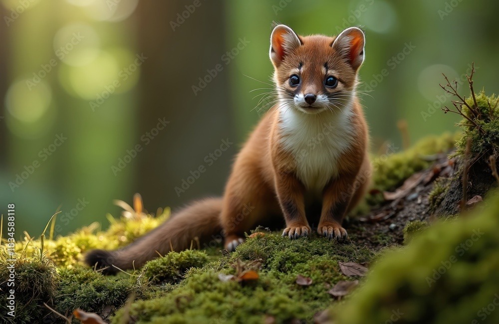 Obraz premium Young beech marten sits on mossy ground in green forest. Small animal with white chest fur looks at camera. Cute wild carnivore mammal in its natural habitat, outdoor.