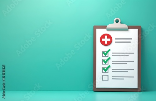 Red cross symbol on clipboard with check marks and list. Health care checklist form for patient medical record or insurance plan. Doctor review exam results.