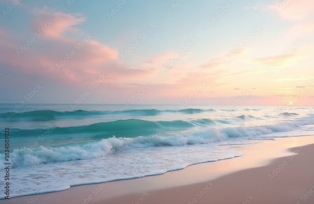 Fototapeta premium Gentle ocean waves roll onto soft sandy shore. Sky glows with pastel pink and light blue hues during beautiful sunset. This tranquil beach scene offers serene natural beauty, pure peaceful calm.
