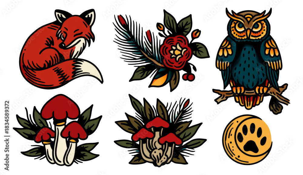 Naklejka premium Colorful Illustrations of Fox, Owl, Flowers, and Mushrooms on Transparent Background