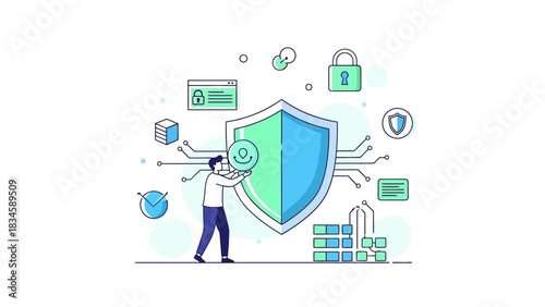 Person securing digital data and privacy with a large shield, representing cybersecurity and information protection.