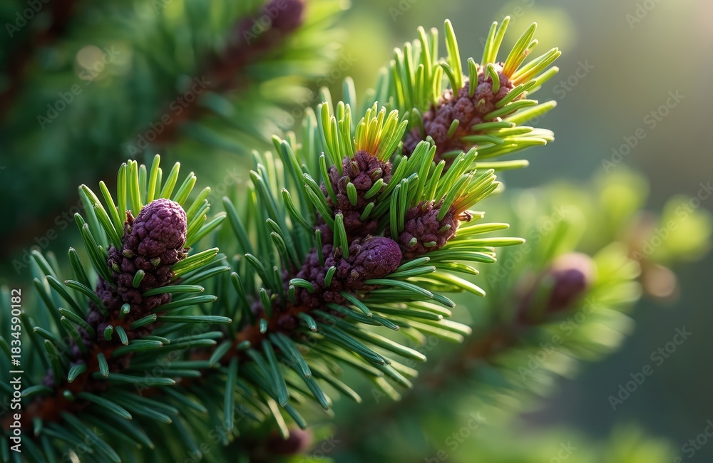 Obraz premium Macro view shows Picea mariana branches with needles and cones. Black spruce tree with purple cones and green needles. Soft light falls on pine tree branch with nature details.
