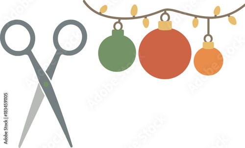 A white table holds hairdressing scissors, Christmas ornaments, and a garland, along with hair salon accessories and a blank area for text—ideal as a greeting card template