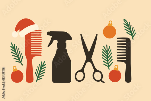 A collection of assorted hairdressing tools, a hair comb adorned with a red Santa hat, fir branches, and Christmas ornaments set against a beige background, front view, copy space